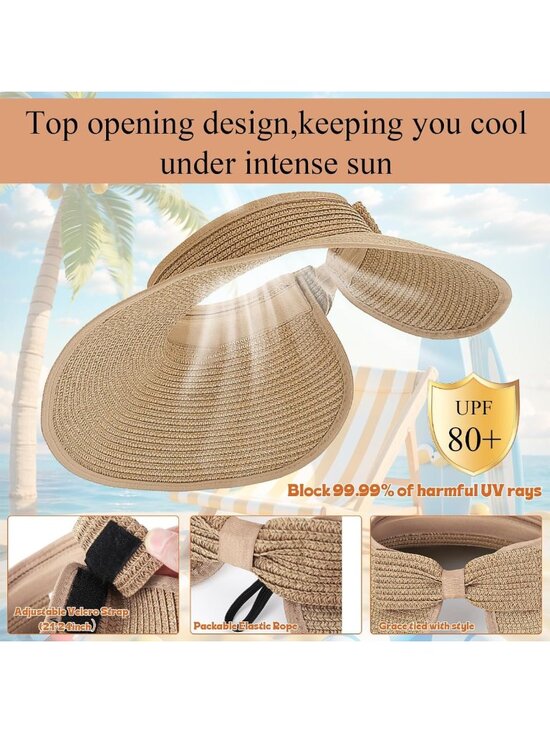 Packable Wide Brim Sun Visor Hat for Women - Adjustable, Foldable, Ponytail